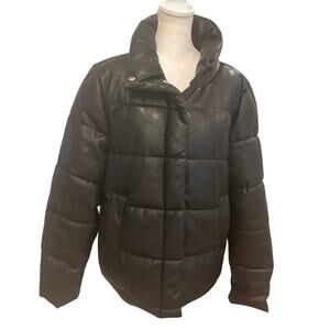 Avec Les Filles Black Faux Leather Quilted Puffer Jacket Womens Size Large